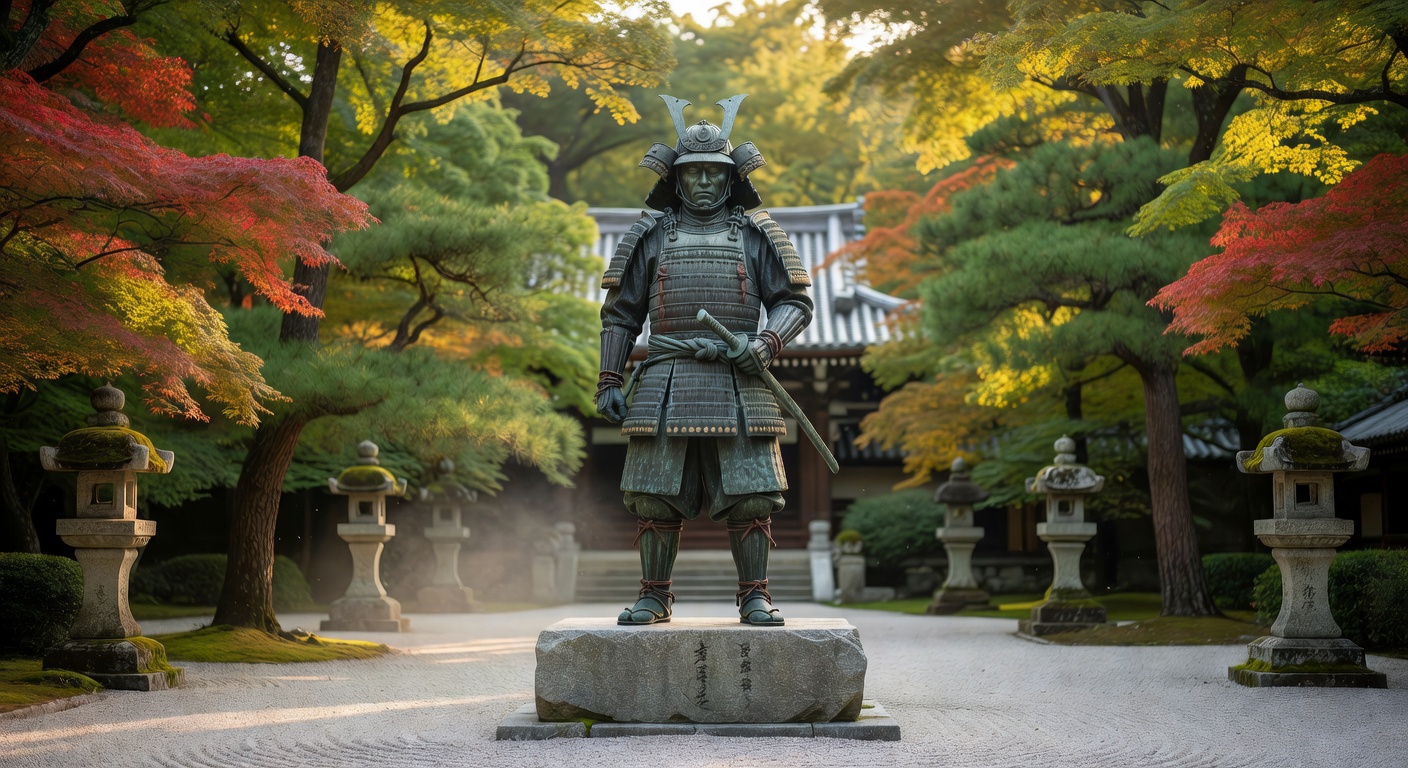 A samurai statue in a Japanese park — history, responsibility, and tradition